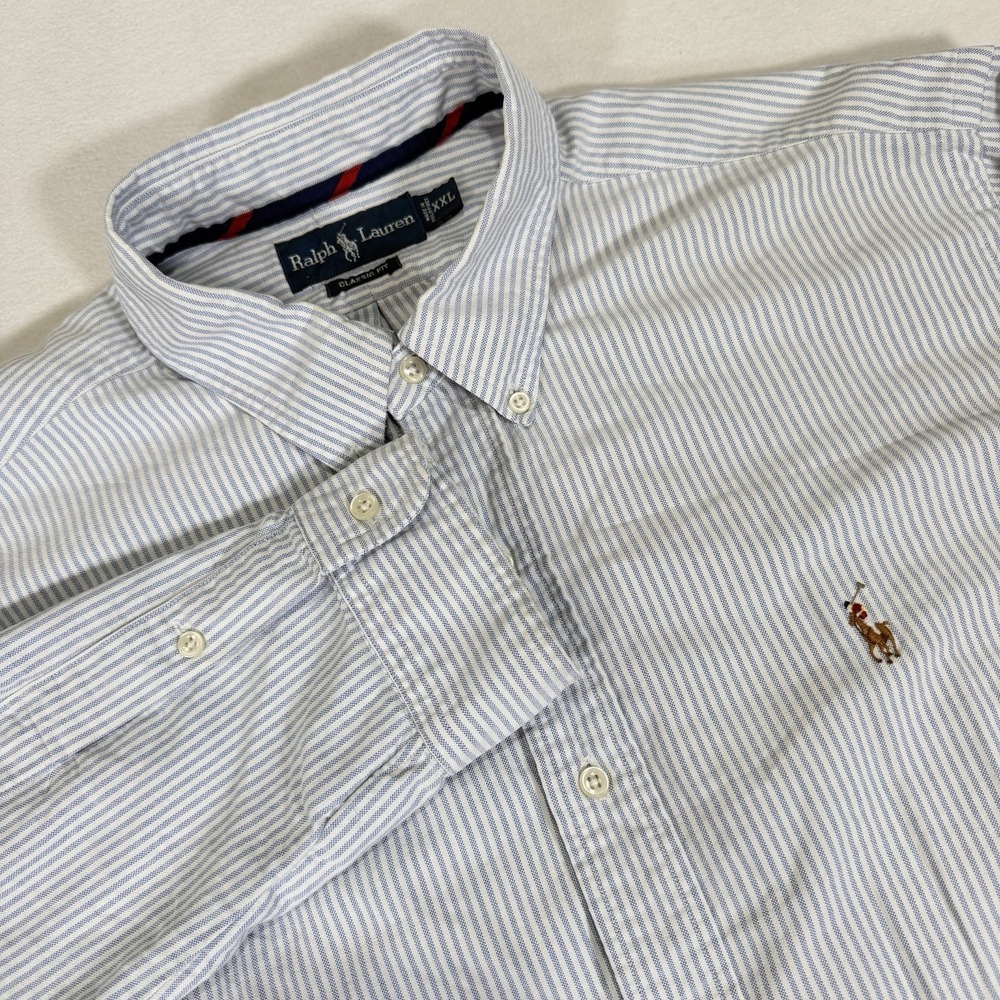 Polo Ralph Lauren Men's XXL Blue Pinstriped Oxford Long Sleeve Button Down Shirt